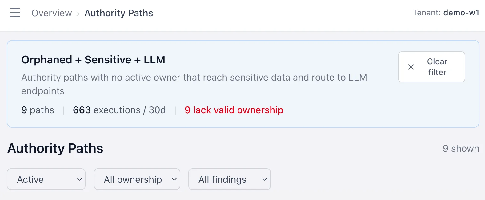 Securityv0 showing agent execution paths with ownership and automation metadata